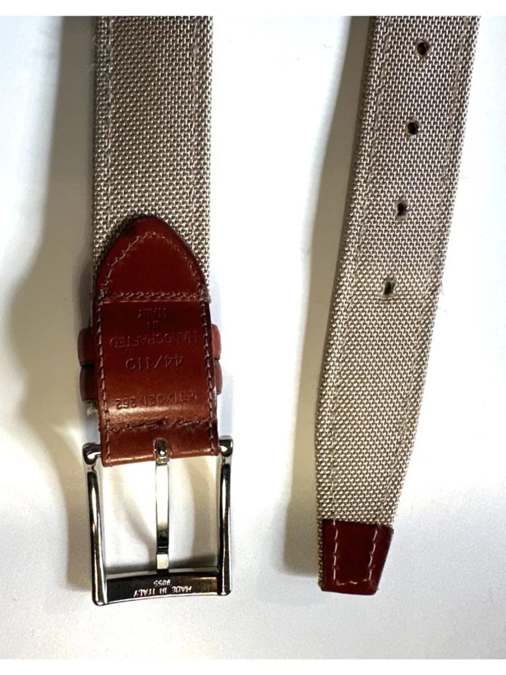 Brown Leather & Canvas Handcrafted Belt Made In Italy With Silver Buckle Size 44